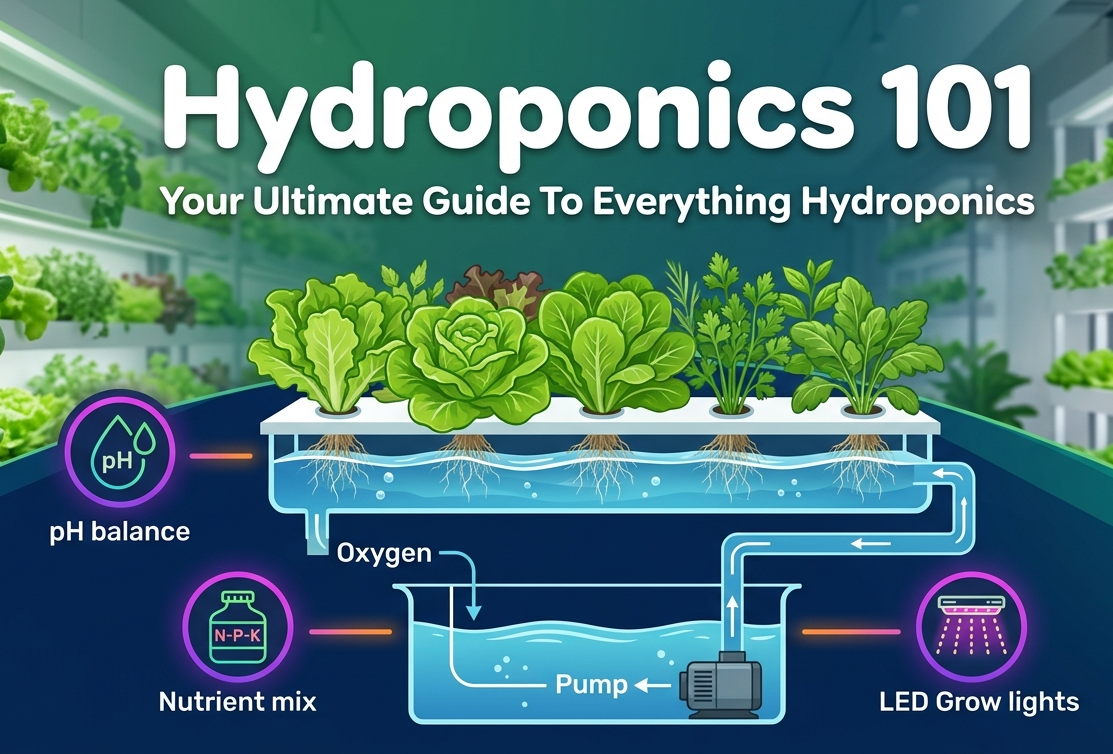 Comprehensive Hydroponics 101 infographic showing a deep water culture system with nutrient reservoir, grow lights, and pH balance icons for indoor gardening.